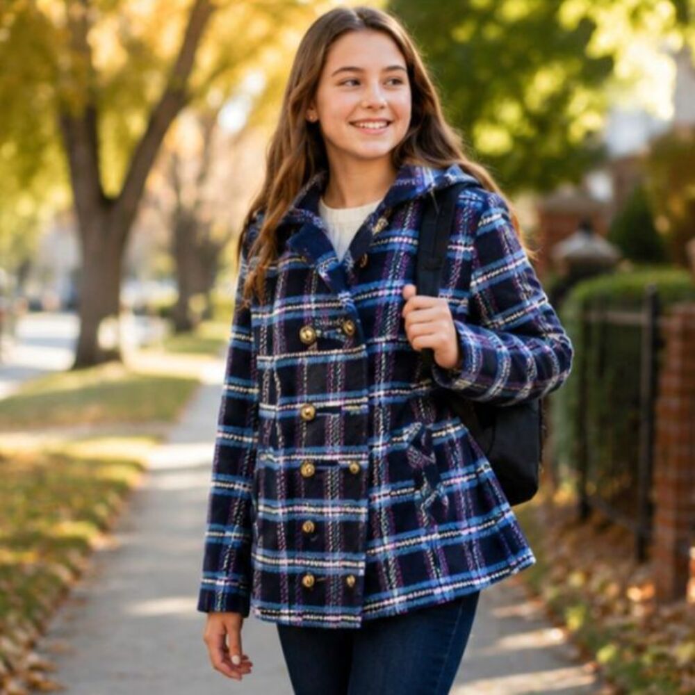 London Fog Girls XL 14/16 Blue Plaid Hooded Peacoat Wool Blend Gold Buttons
